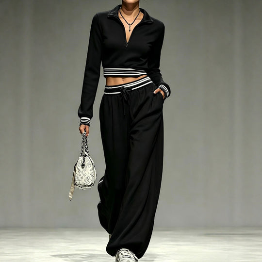 Damen Cropped-Trainingsset mit halbem Reißverschlusskragen und weitem Bundfalten-Jogger Nord Taschen