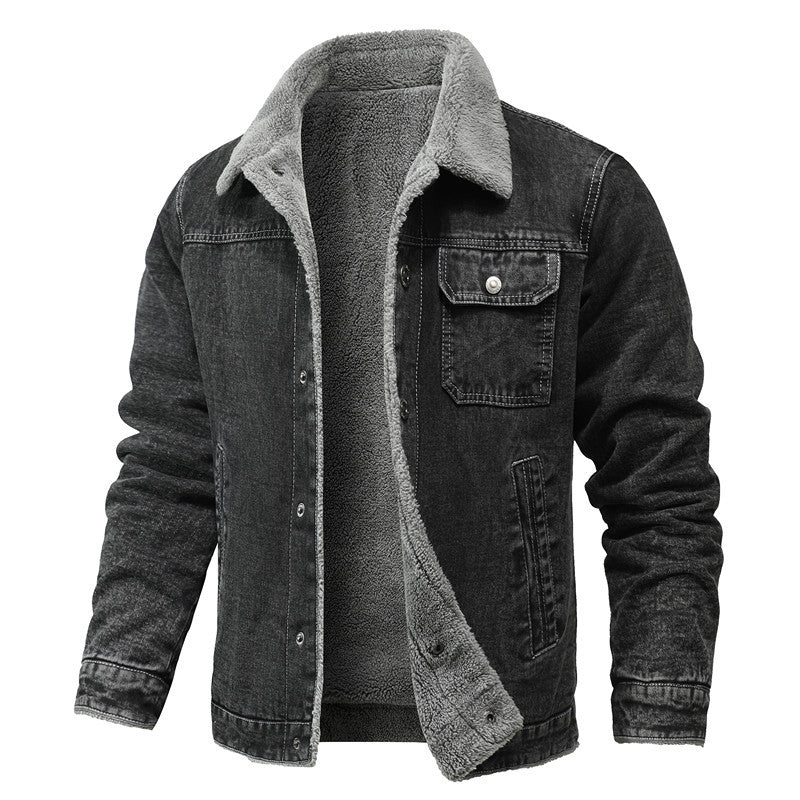Herren gewaschene Denim-Workerjacke mit Teddyfutter und eingelassenen Seitentaschen Nord Taschen