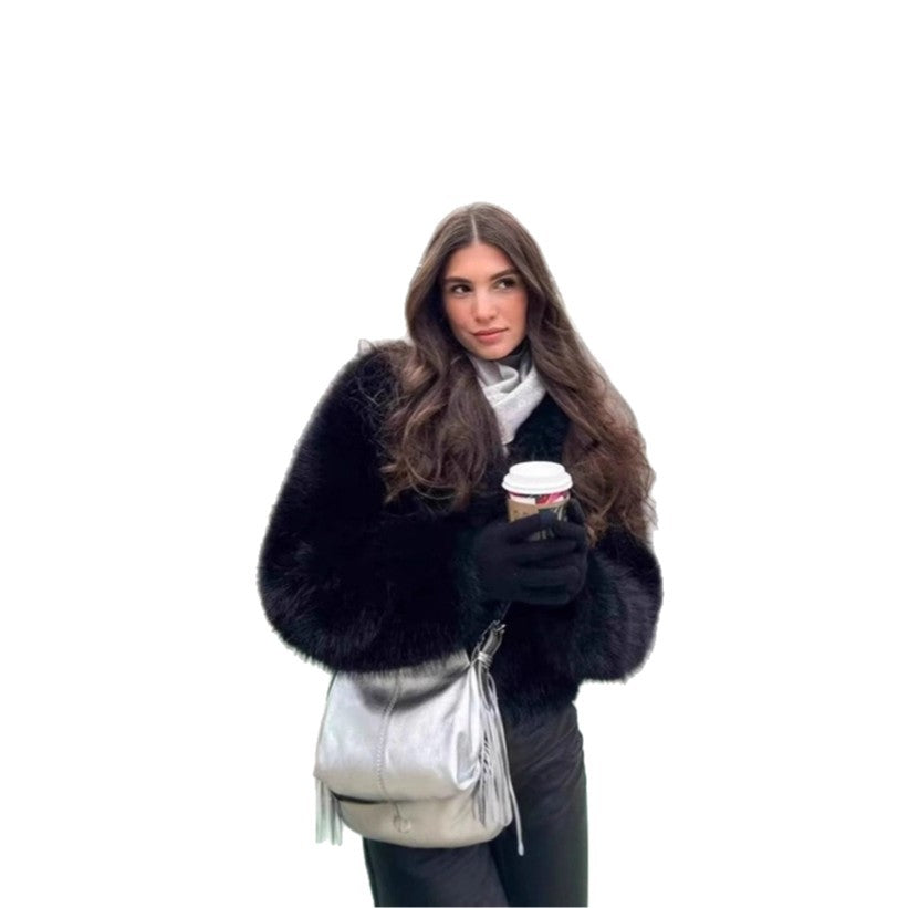 Damen Kurzer Boxy Kunstpelz‑Blouson mit voluminösem Schalkragen Nord Taschen