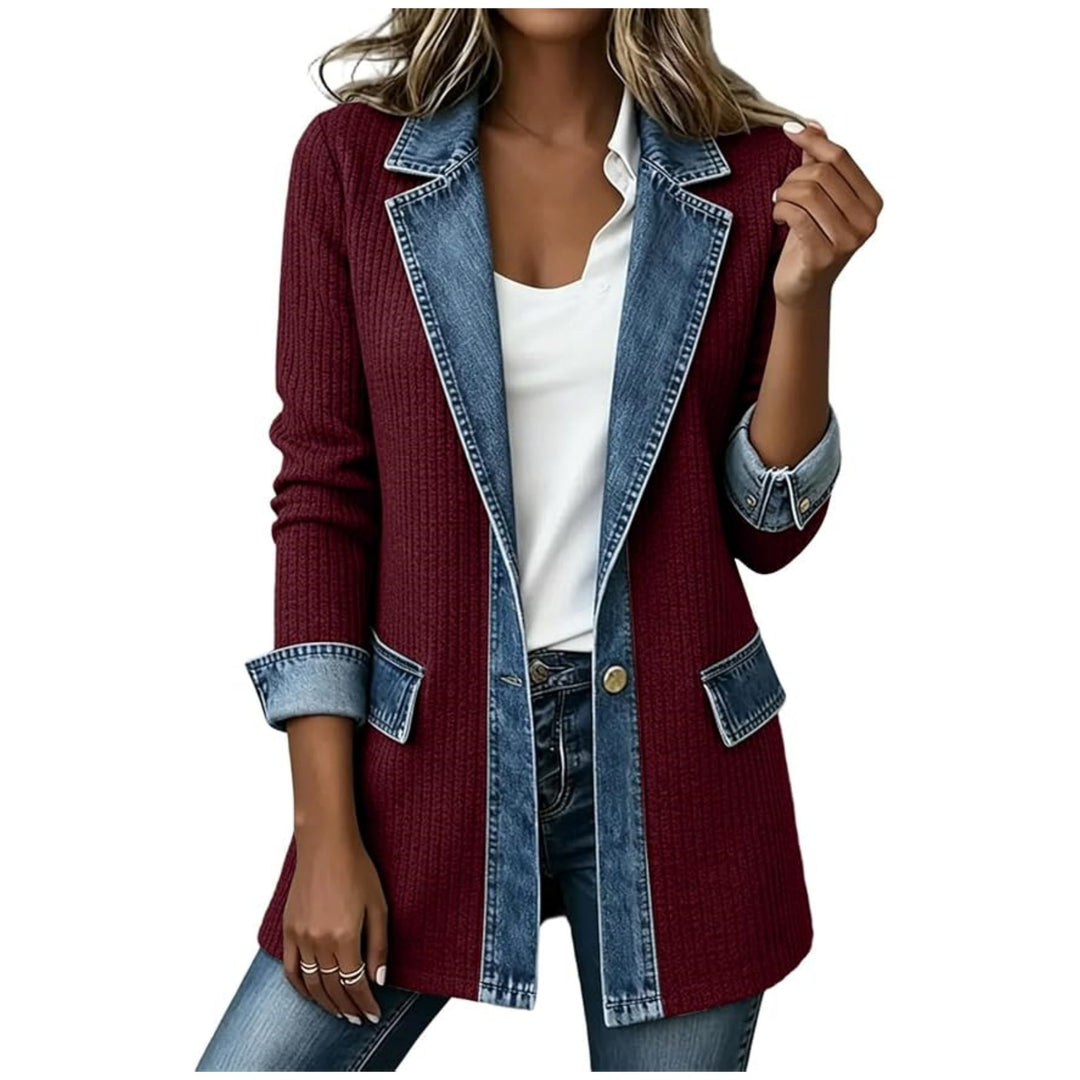 Damen Strickblazer mit Jeansbesatz und Reverskragen Nord Taschen