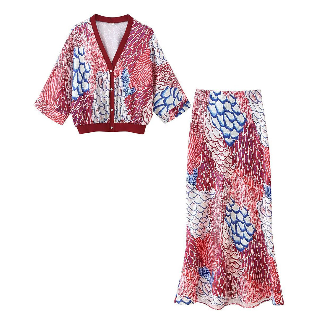 Damen Zweiteiliges Satin-Set mit floral bedruckter Kurzjacke und Bias‑Cut Midirock Nord Taschen