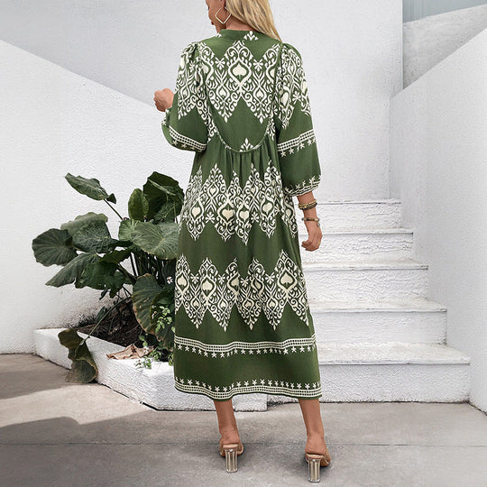 Damen Langes Boho‑Maxikleid mit lockerer A‑Linie, U‑Ausschnitt und aufgesetzten Taschen Nord Taschen