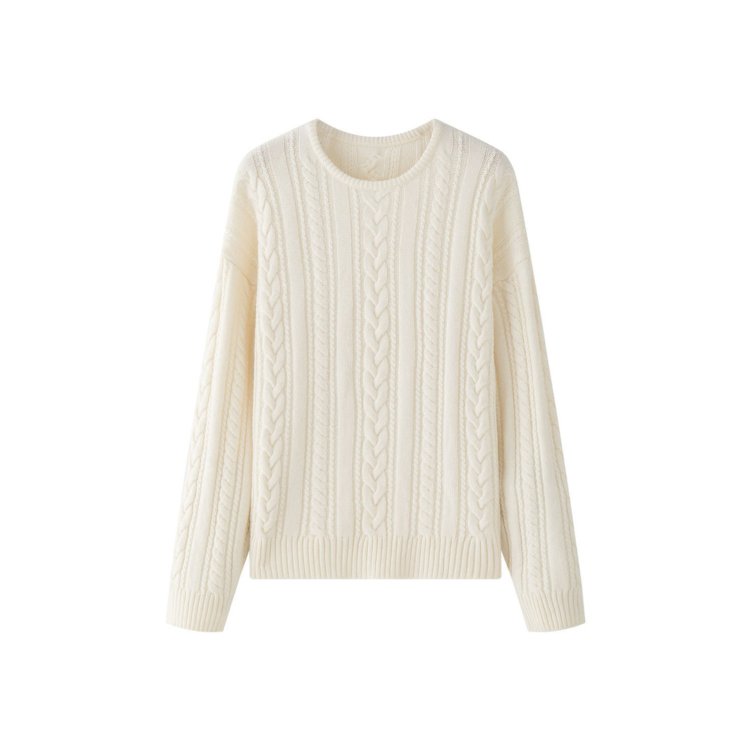 Damen Oversize-Zopfmuster-Strickpullover mit Rundhalsausschnitt und voluminösen Ärmeln Nord Taschen