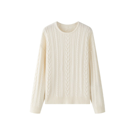 Damen Oversize-Zopfmuster-Strickpullover mit Rundhalsausschnitt und voluminösen Ärmeln Nord Taschen