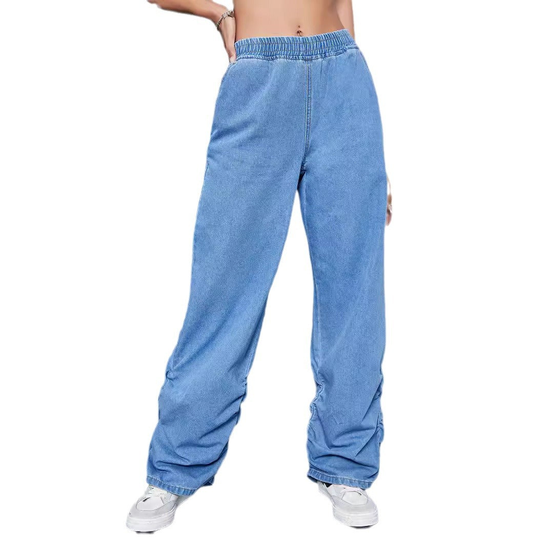 Damen Weite Denim-Hose mit elastischem Bund und gerafften Säumen Nord Taschen