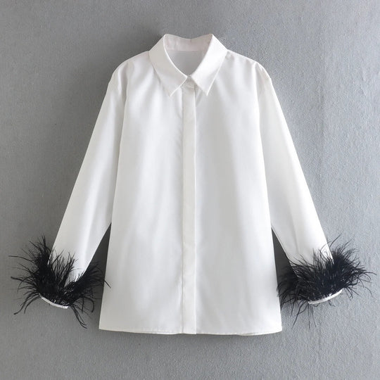 Damen Elegante Baumwollbluse mit Federbesatz an Manschetten und klassischem Hemdkragen Nord Taschen