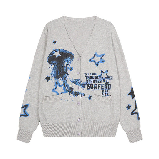 Damen Geknöpfte V‑Neck Strickjacke mit Allover-Print, Eingrifftaschen und geripptem Saum Nord Taschen