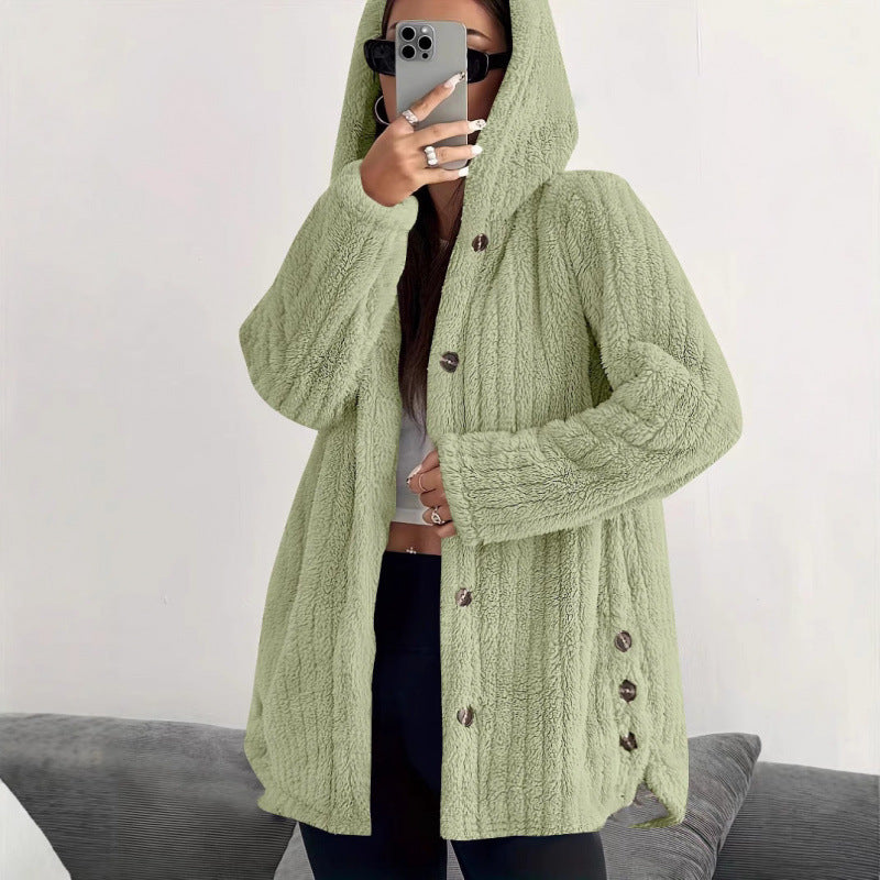 Damen Kapuzen-Teddy-Mantel mit Knopfleiste und Oversize-Schnitt Nord Taschen