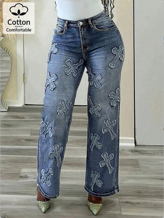Damen Hochtaillierte gerade geschnittene Jeanshose mit Kreuzapplikationen aus Baumwoll-Jeansstoff Nord Taschen