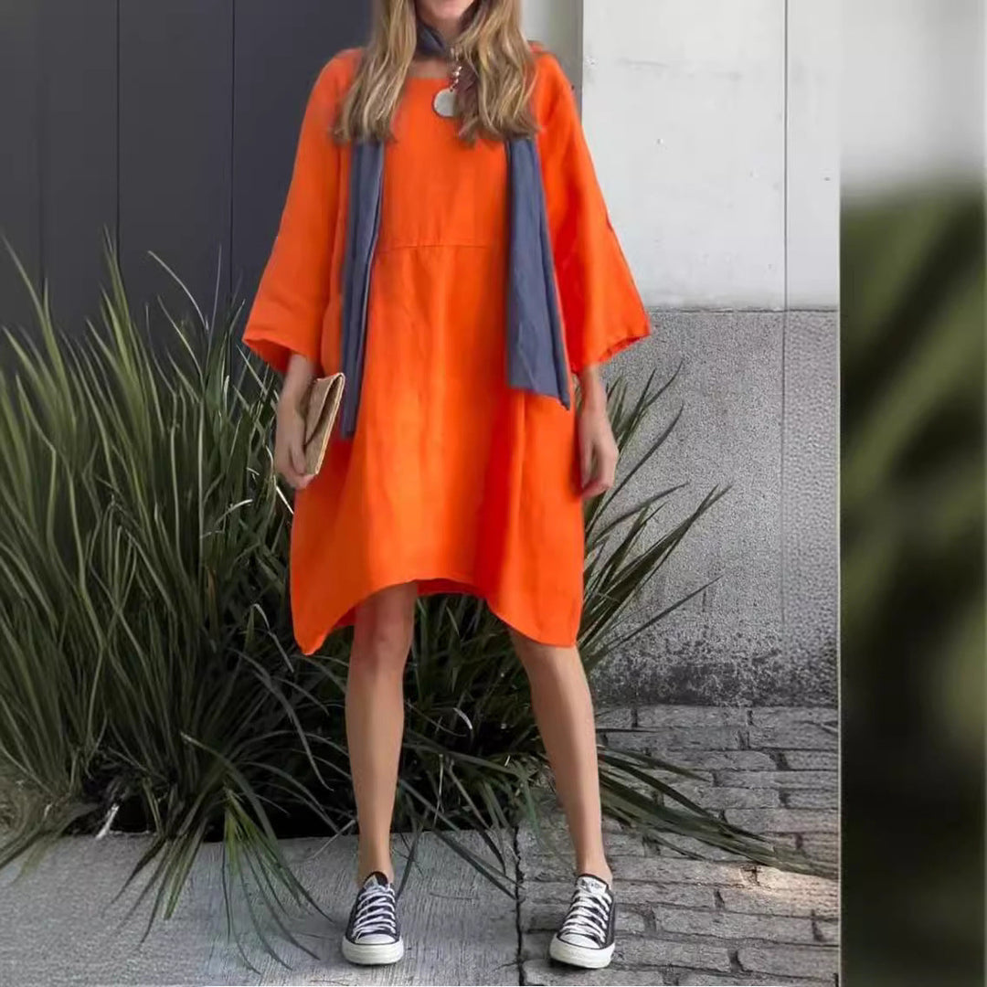 Damen lässiges Leinenkleid mit praktischen Taschen und asymmetrischem Saum