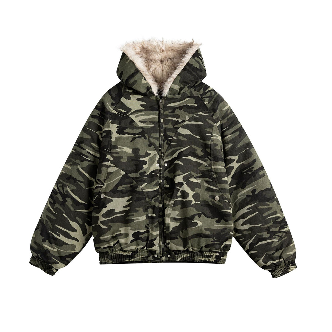 Damen Kurz geschnittene Camouflage-Übergangsjacke mit Kunstfellkapuze und elastischem Saum Nord Taschen