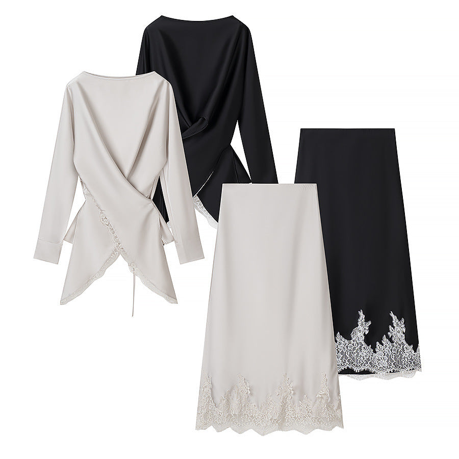 Damen Zweiteiliges Satin-Set mit Wickelbluse und Midirock mit Spitzenbesatz Nord Taschen