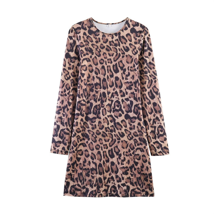 Damen Leoprint-Minikleid mit Rundhalsausschnitt, langen Ärmeln und A-Linien‑Silhouette Nord Taschen