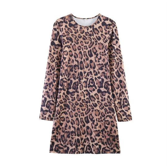 Damen Leoprint-Minikleid mit Rundhalsausschnitt, langen Ärmeln und A-Linien‑Silhouette Nord Taschen