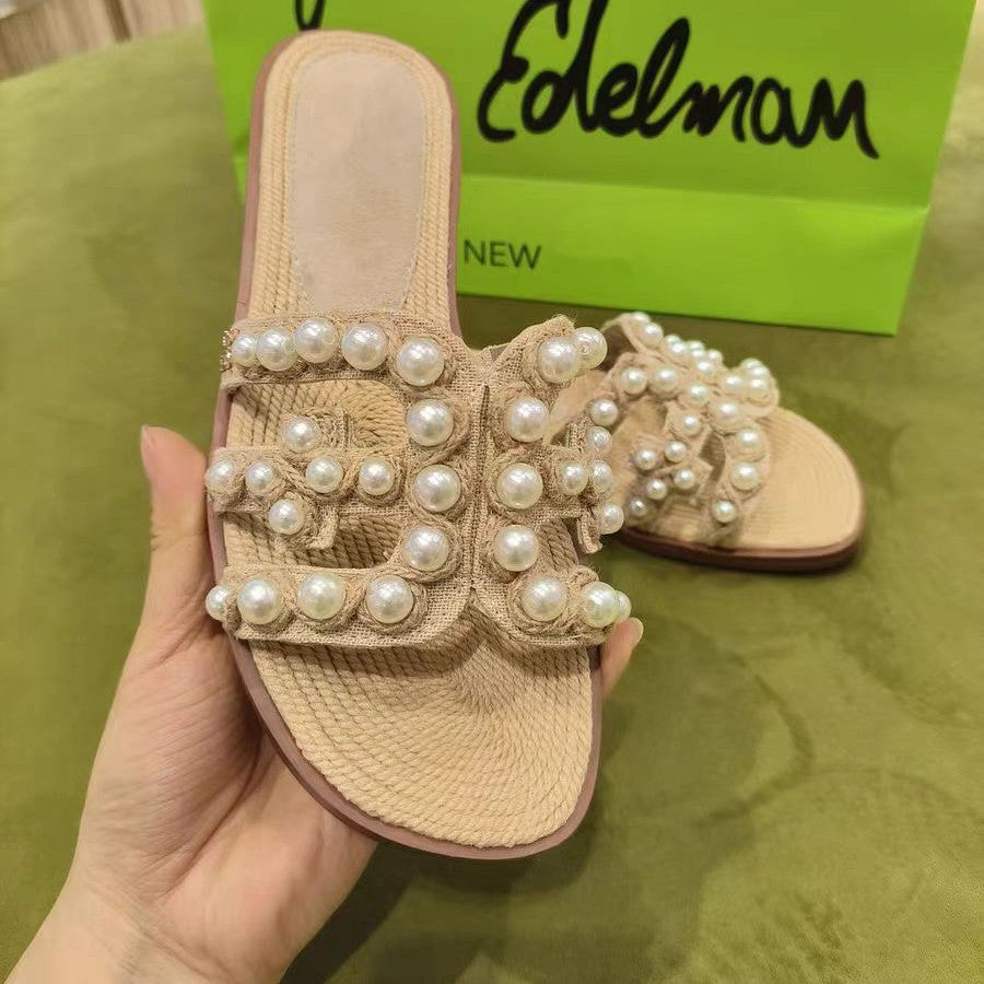 Damen modische Sandalen mit perlverzierten Riemen
