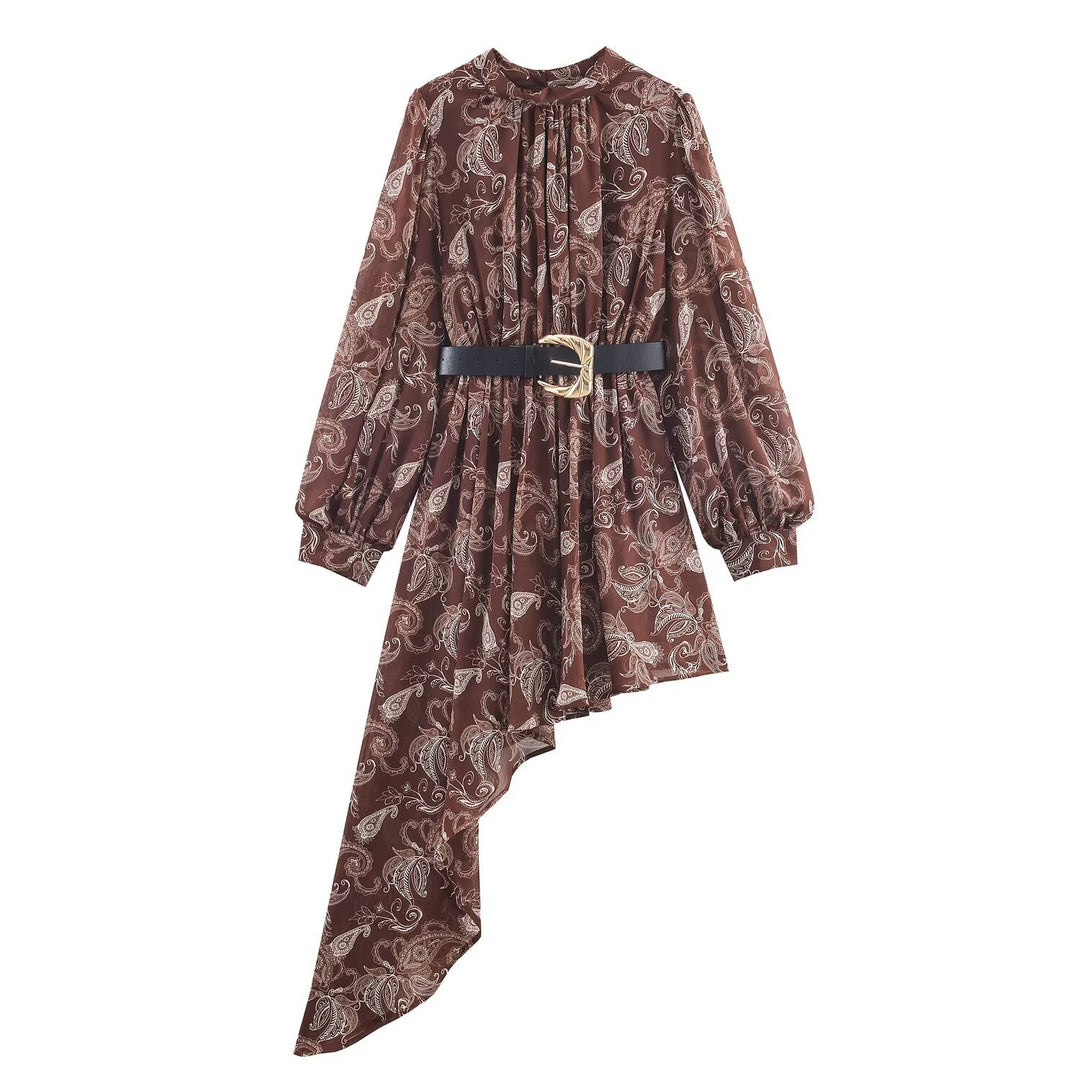 Damen Asymmetrisches Paisley‑Chiffon‑Minikleid mit Ballonärmeln und Taillengürtel Nord Taschen