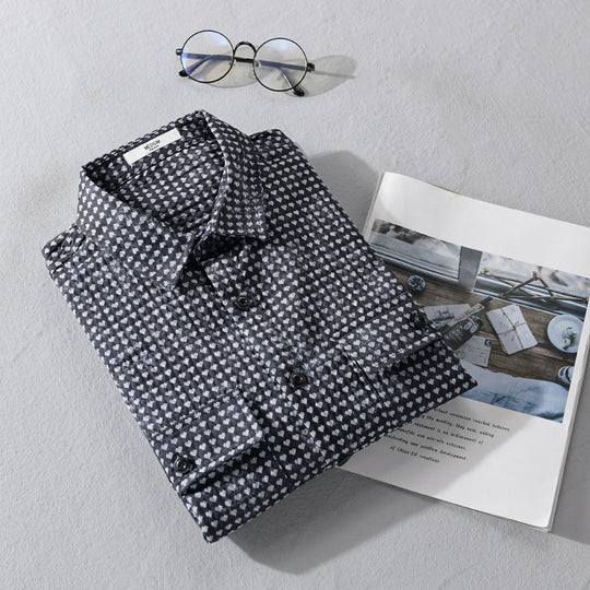 Herren Hemdjacke-Overshirt aus Baumwollmix mit Miniherz-Alloverprint und Brusttaschen Nord Taschen