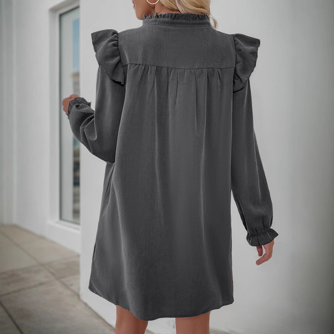 Damen Volant-Hemdkleid mit geraffter Passe, Stehkragen und elastischen Manschetten Nord Taschen
