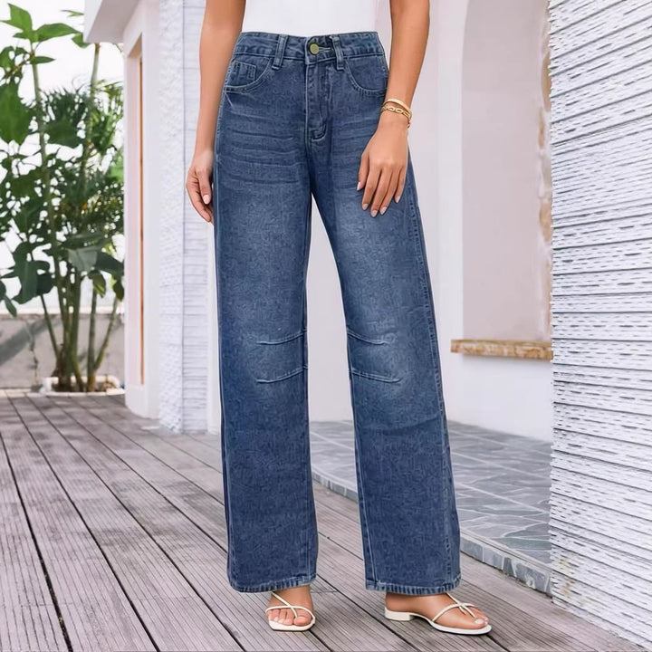 Damen High-Waist weite Denim-Hose mit ausgestelltem Bein und tonalen Knie-Abnähern Nord Taschen