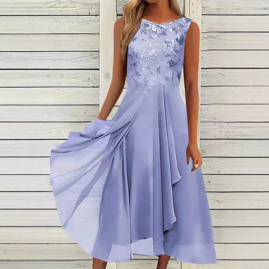 Damen nan ärmelloses Chiffon-Midikleid mit bestickter Brustpartie und asymmetrischem Lagenrock - Arvani