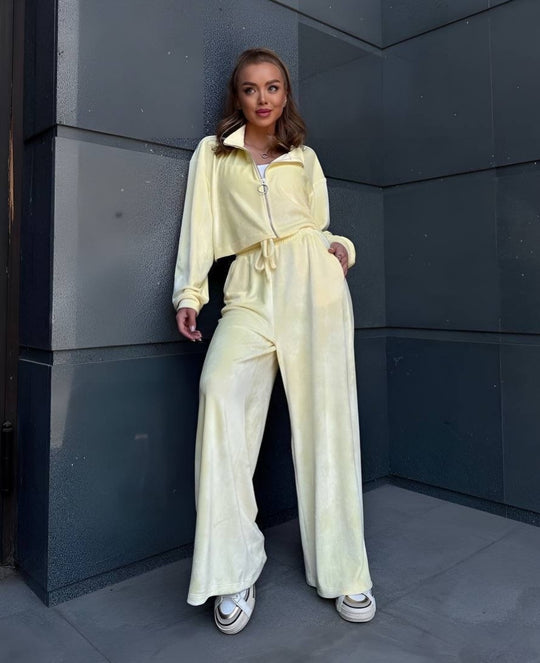 Damen gekürztes Velours-Cropped-Hoodie mit Stehkragen und elastischer High-Waist-Palazzo-Jogginghose Nord Taschen
