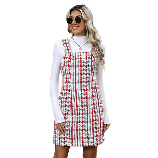 Damen Tweed Latzkleid mit Karomuster und figurbetonter A‑Linien‑Silhouette Nord Taschen