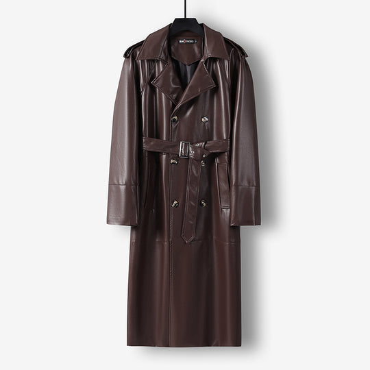 Herren Langer Kunstleder-Trenchcoat mit Doppelreiher, Taillengürtel und Schulterklappen Nord Taschen