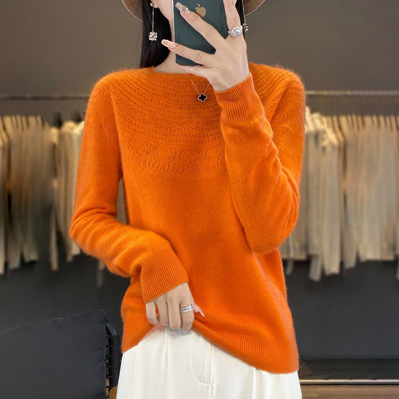 Damen Weicher Ajour‑Yoke Rundhalspullover in Kaschmir‑Optik Feinstrick Nord Taschen
