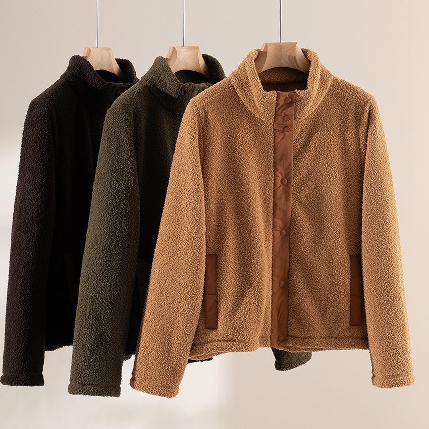 Damen kuschelige Teddy-Fleecejacke mit Stehkragen, Druckknopf-Leiste und kontrastierten Tascheneinfassungen Nord Taschen