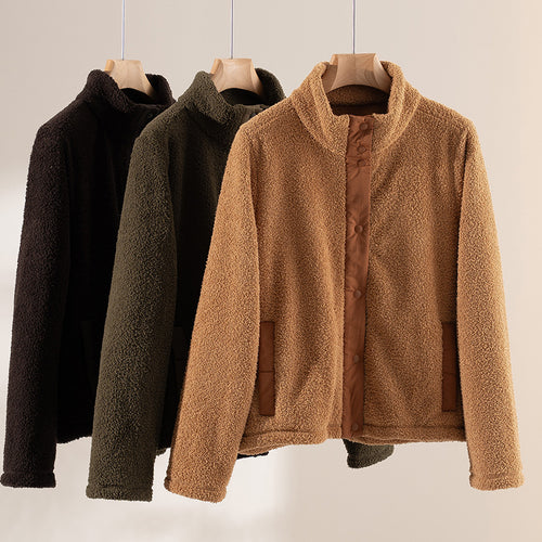 Damen kuschelige Teddy-Fleecejacke mit Stehkragen, Druckknopf-Leiste und kontrastierten Tascheneinfassungen Nord Taschen