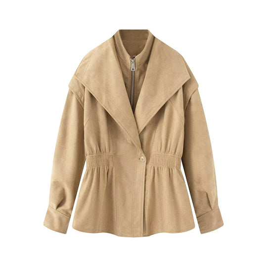 Damen Taillierte Jacke in Wildlederoptik mit großem Schalkragen, Reißverschluss und geraffter Taille Nord Taschen