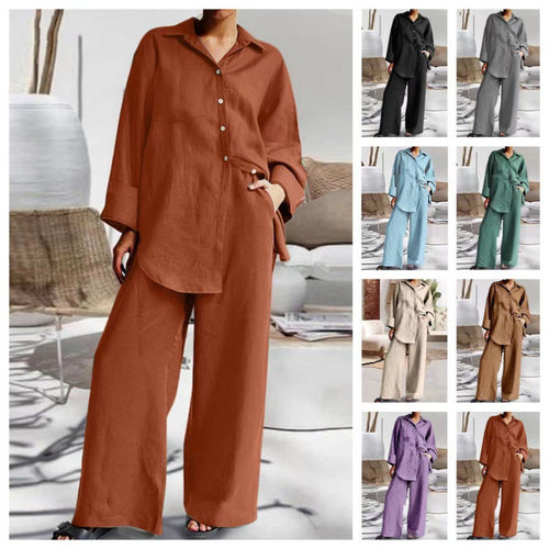 Damen Leinen-Lounge-Set mit weitem Hemd und Palazzo-Hose Nord Taschen