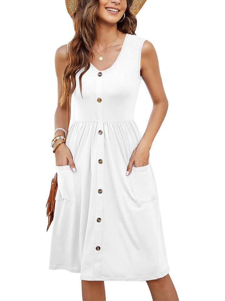 Damen Knielanges Sommerkleid mit Knopfdetails und praktischen Taschen