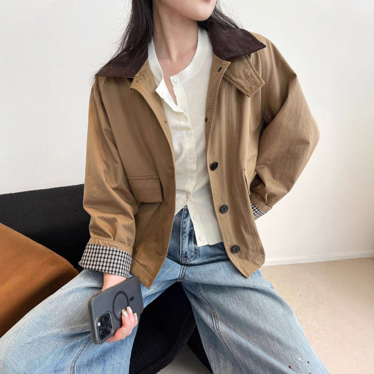 Damen Kurzjacke im Worker-Stil mit Cordkragen und aufgesetzten Pattentaschen Nord Taschen