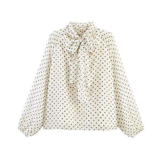 Damen 50+ seidenähnliche Polka‑Dot Schlupfbluse mit Schleifenkragen und Ballonärmeln Nord Taschen