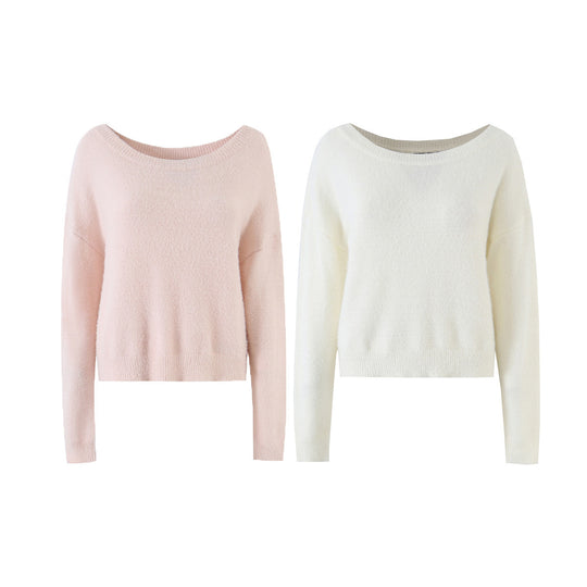 Damen Weicher Cropped-Pullover mit U-Boot-Ausschnitt und Oversize-Schultern Nord Taschen