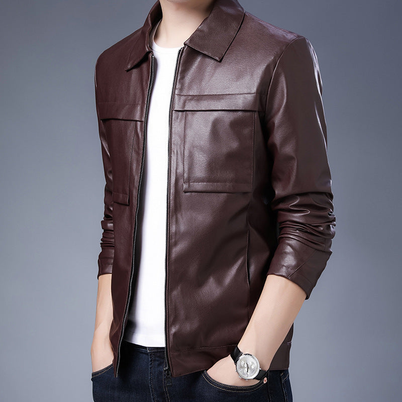 Herren minimalistisches Kunstleder-Zipblouson mit Hemdkragen und Pattentaschen Nord Taschen
