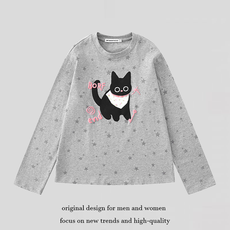 Damen Relaxed-Fit Longsleeve mit Cartoon-Katzenmotiv und tonalem Sternmuster Nord Taschen