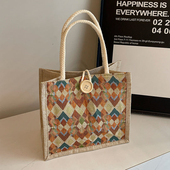 Damen modische Jute-Tragetasche mit buntem Grafikdesign Nord Taschen