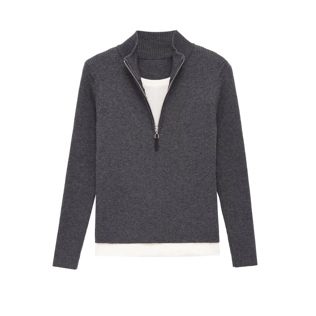 Damen Feinstrickpullover mit halbem Reißverschluss, Stehkragen und Lagenlook-Saum Nord Taschen