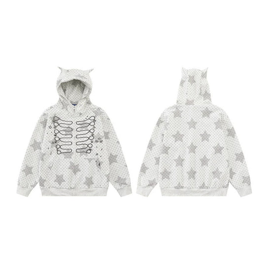 Damen Kapuzen‑Sweatjacke mit 3D‑Ohrenapplikationen, durchgehendem Reißverschluss und verspieltem Militär‑Illustrationsprint Nord Taschen