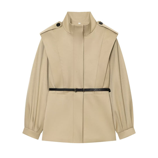 Damen Kurzer Cape‑Trench mit hohem Funnelkragen und Taillengürtel Nord Taschen