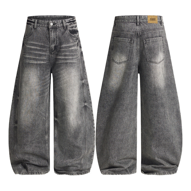 Herren Ultraweite vintagegewaschene Denim-Palazzohose mit tiefem Schritt und geradem Saum Nord Taschen