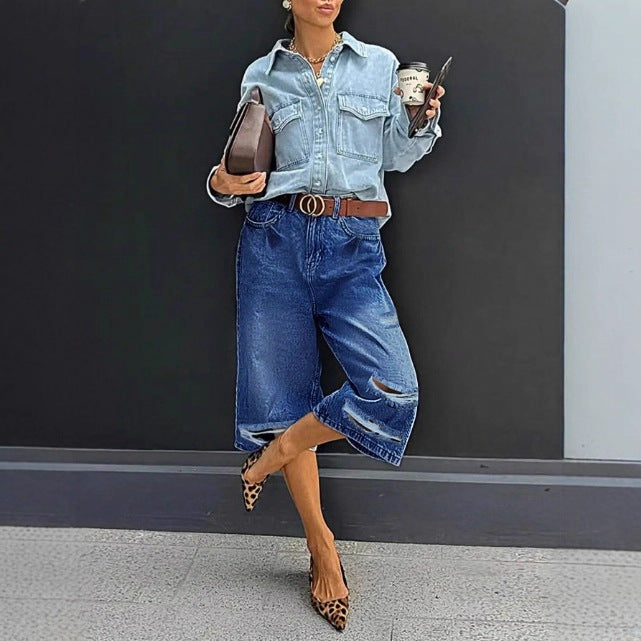 Damen Hochtaillierte Denim-Culotte mit Destroyed-Einsätzen und rohem Saum Nord Taschen