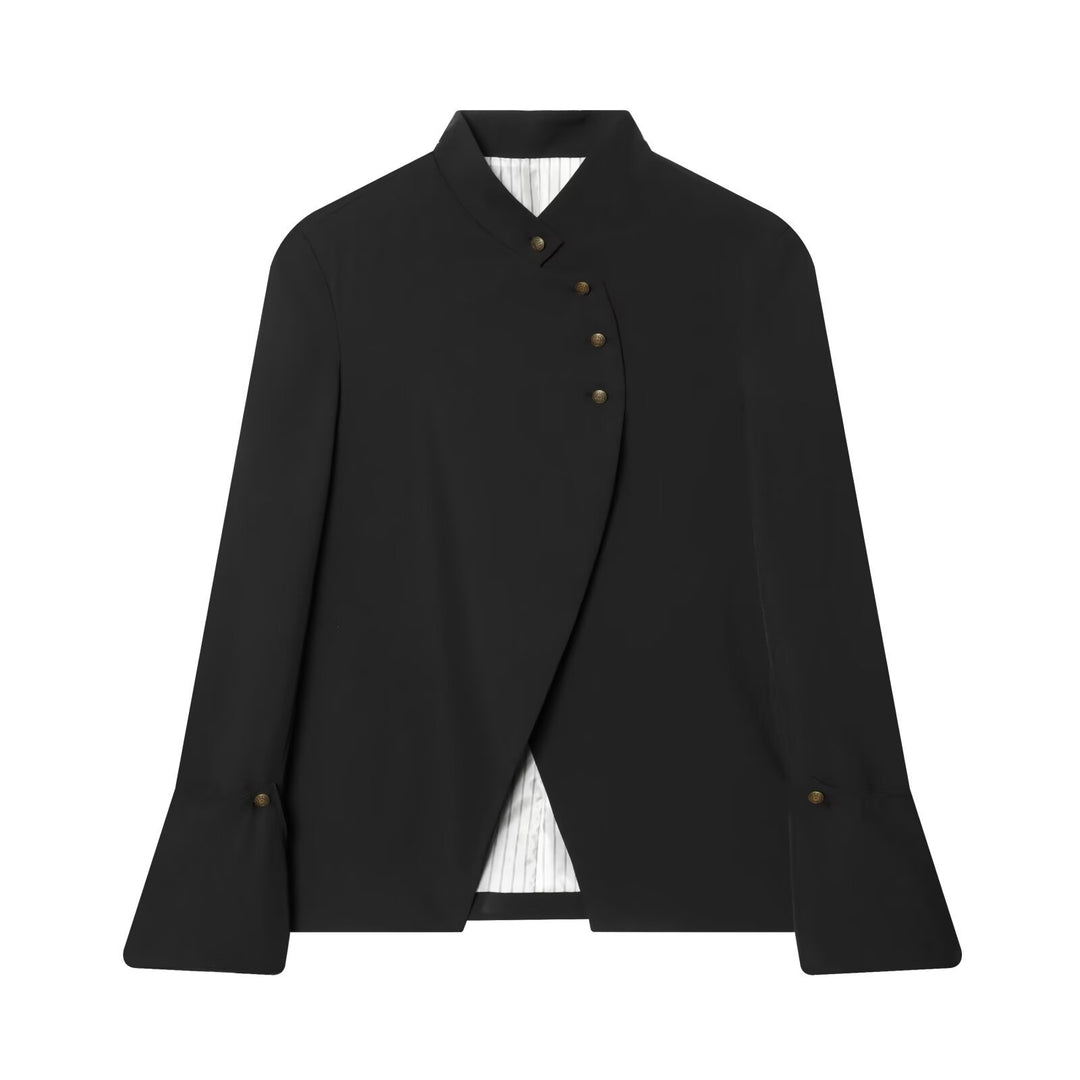 Damen Asymmetrischer Kurzblazer mit Stehkragen und Zierknopfleiste Nord Taschen