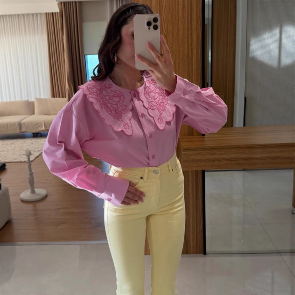 Damen Bluse mit übergroßem besticktem Spitzenkragen, Ballonärmeln & kastiger Silhouette Nord Taschen