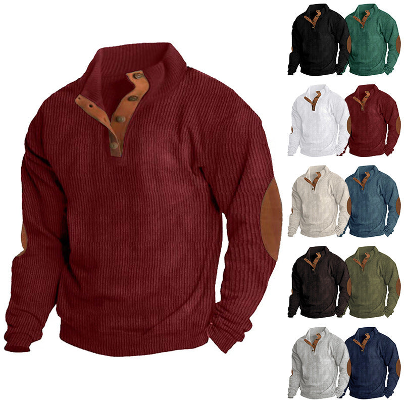Herren Waffelstrick-Henley-Pullover mit Stehkragen und Ellbogen-Patches Nord Taschen