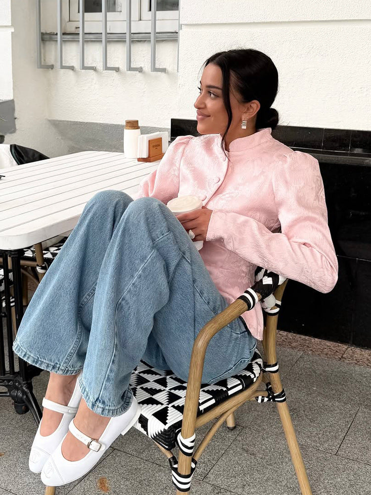 Damen Taillierter Jacquard-Blazer mit Stehkragen, Puffärmeln und Schößchen Nord Taschen