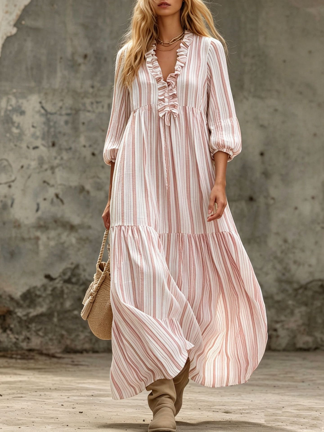 Damen Maxikleid mit Rüschen-V-Ausschnitt und Ballonärmeln Nord Taschen