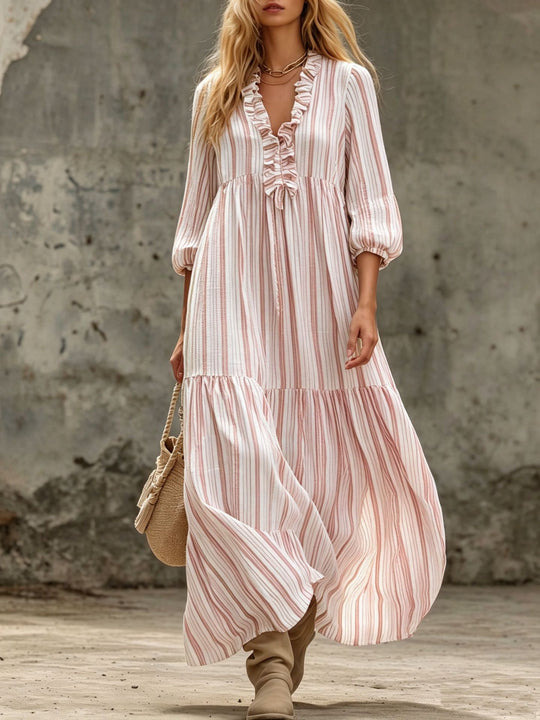 Damen Maxikleid mit Rüschen-V-Ausschnitt und Ballonärmeln Nord Taschen